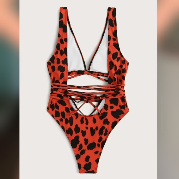 Red Leopard Criss Cross One-Piece swimsuit - Picture 5 of 7